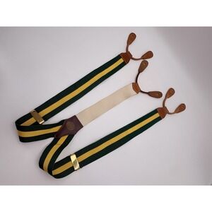 J Press Suspenders Green Yellow Stripe Leather Button Braces Packers Fans VTG